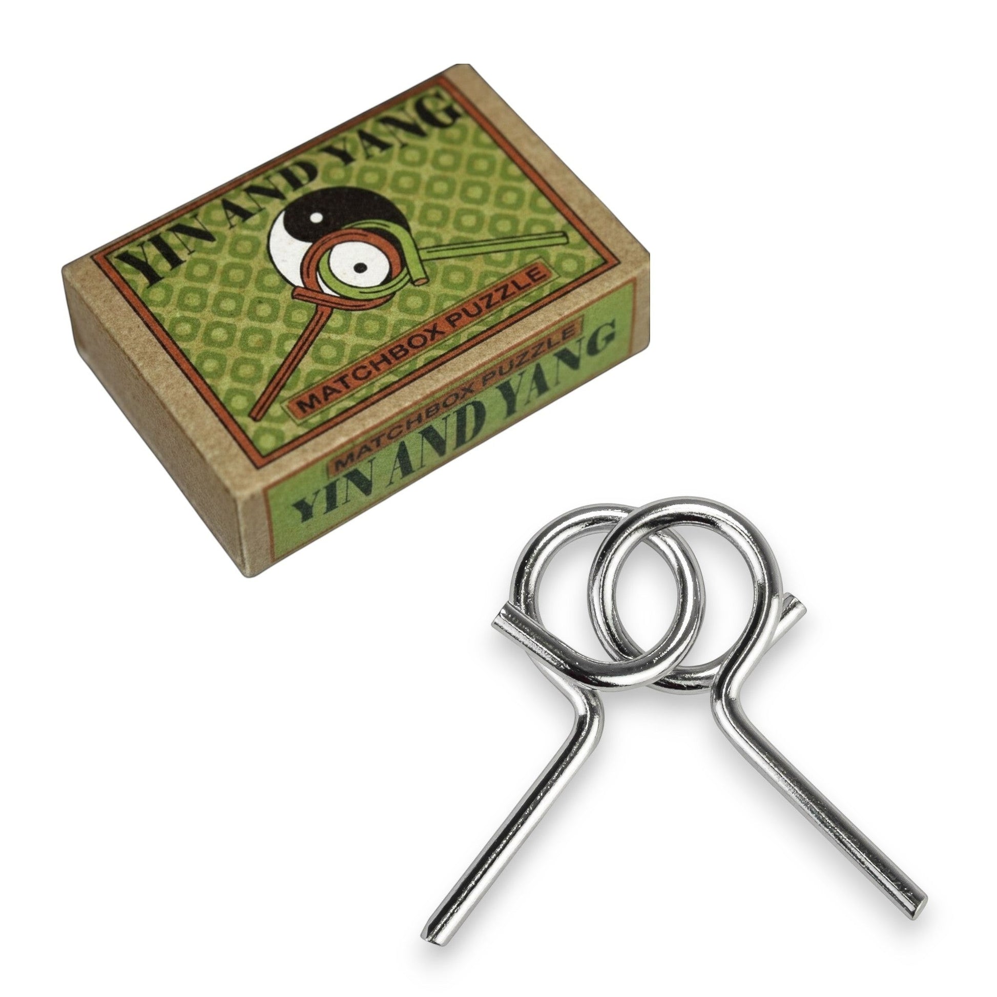 Mellow Monkey metal wire brainteaser puzzle consisting of two interlocking silver rings
