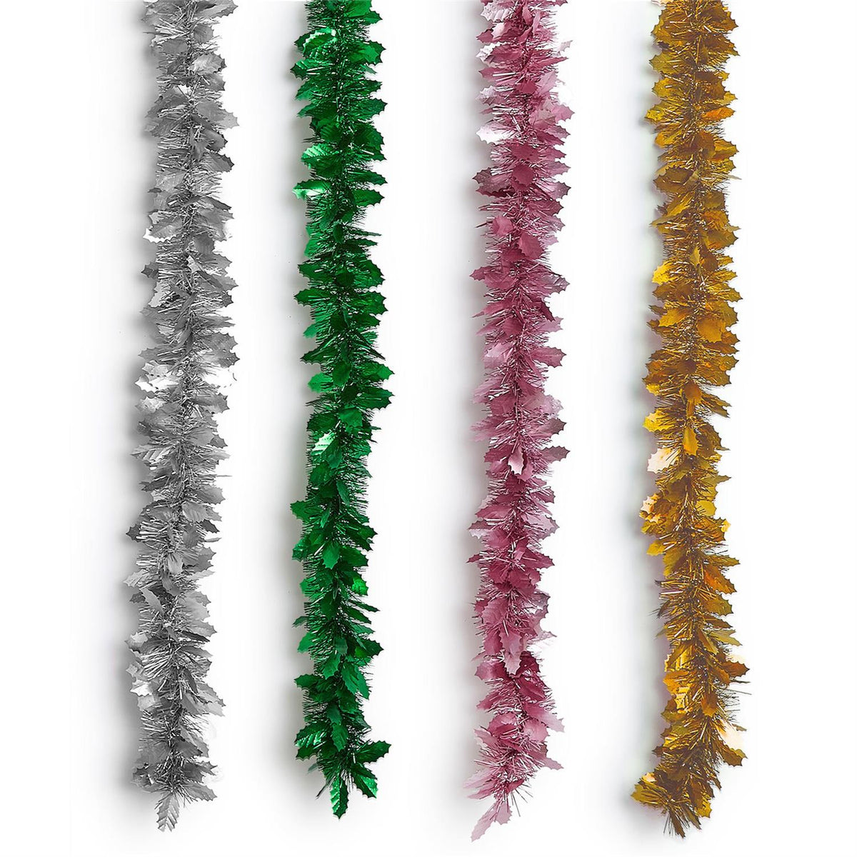 Mellow Monkey 12-foot metallic holly leaf garland in silver, green, pink, and gold for festive holiday decor.