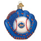 Mellow Monkey blue and orange blown glass baseball mitt ornament with a white baseball inside, featuring the Mets logo.