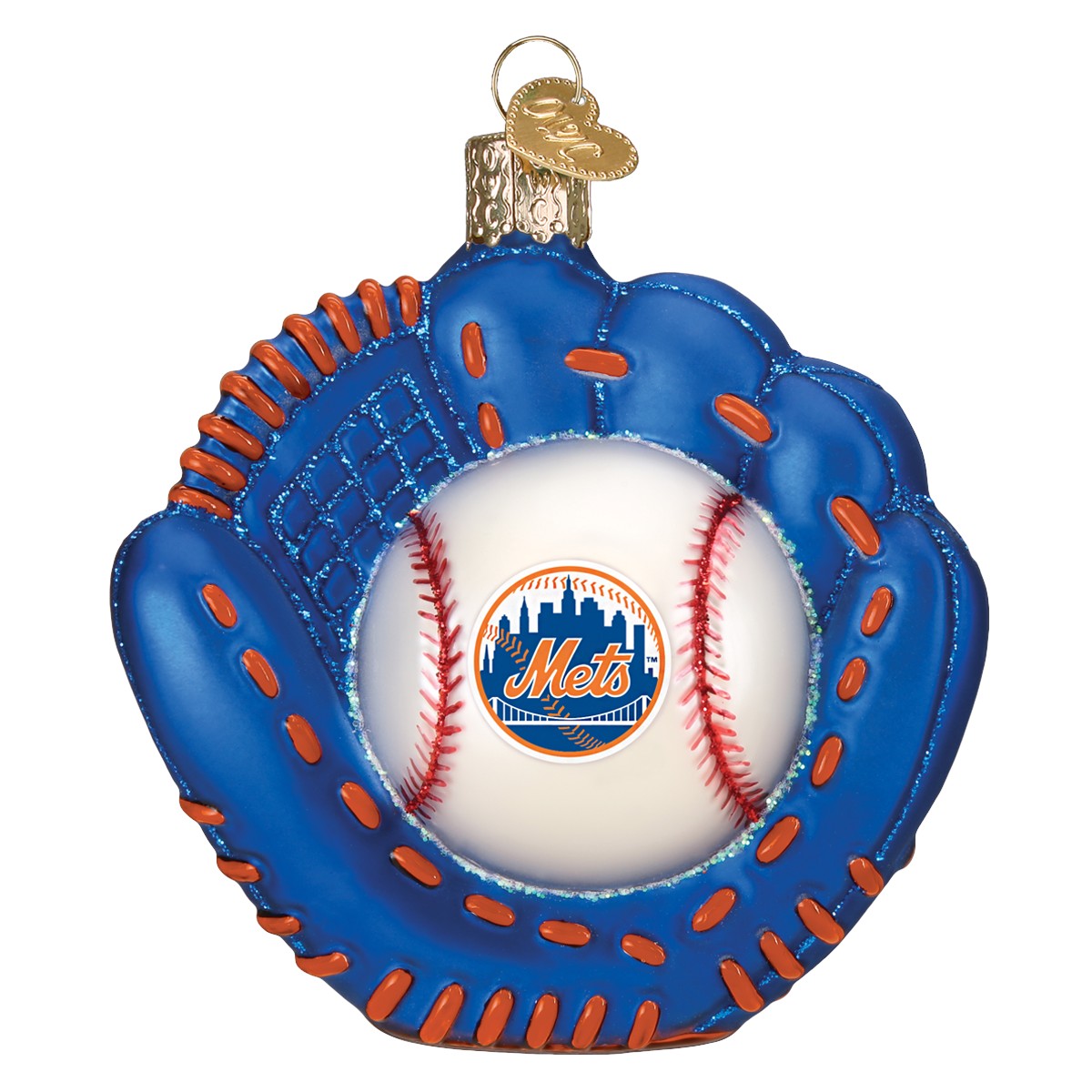 Mellow Monkey blue and orange blown glass baseball mitt ornament with a white baseball inside, featuring the Mets logo.