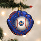 Mellow Monkey blue glass baseball mitt ornament with New York Mets logo on baseball.