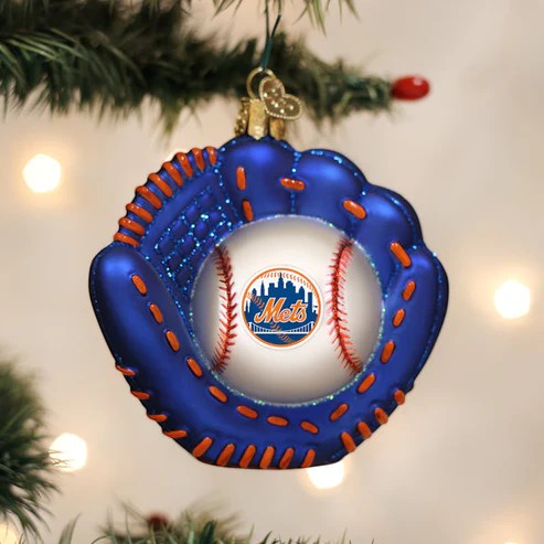 Mellow Monkey blue glass baseball mitt ornament with New York Mets logo on baseball.