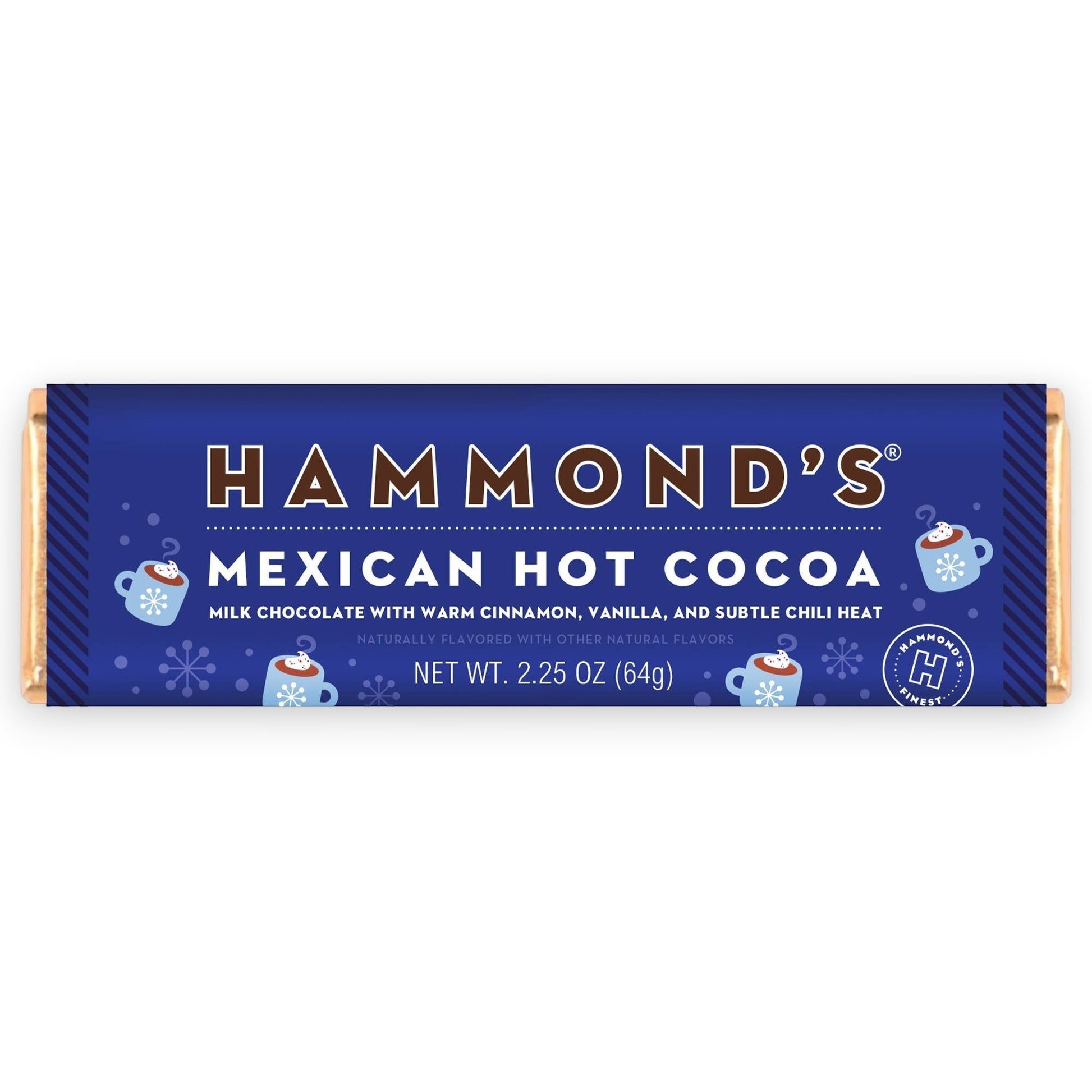 Mellow Monkey Hammond's Mexican Hot Cocoa milk chocolate bar with cinnamon, vanilla, and chili heat in blue packaging.