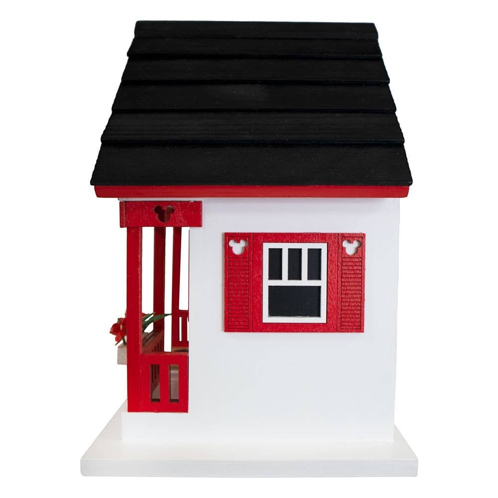 Mellow Monkey Mickey Cottage birdhouse, white with red trim and black roof. Features Mickey ears cutout.