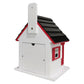 Mellow Monkey Mickey Cottage birdhouse, white with red trim and black roof. Features a cleanout door and hanging paddle.