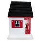 Mellow Monkey Mickey Cottage birdhouse, white with red accents and black roof. Features Mickey ears on shutters and porch.