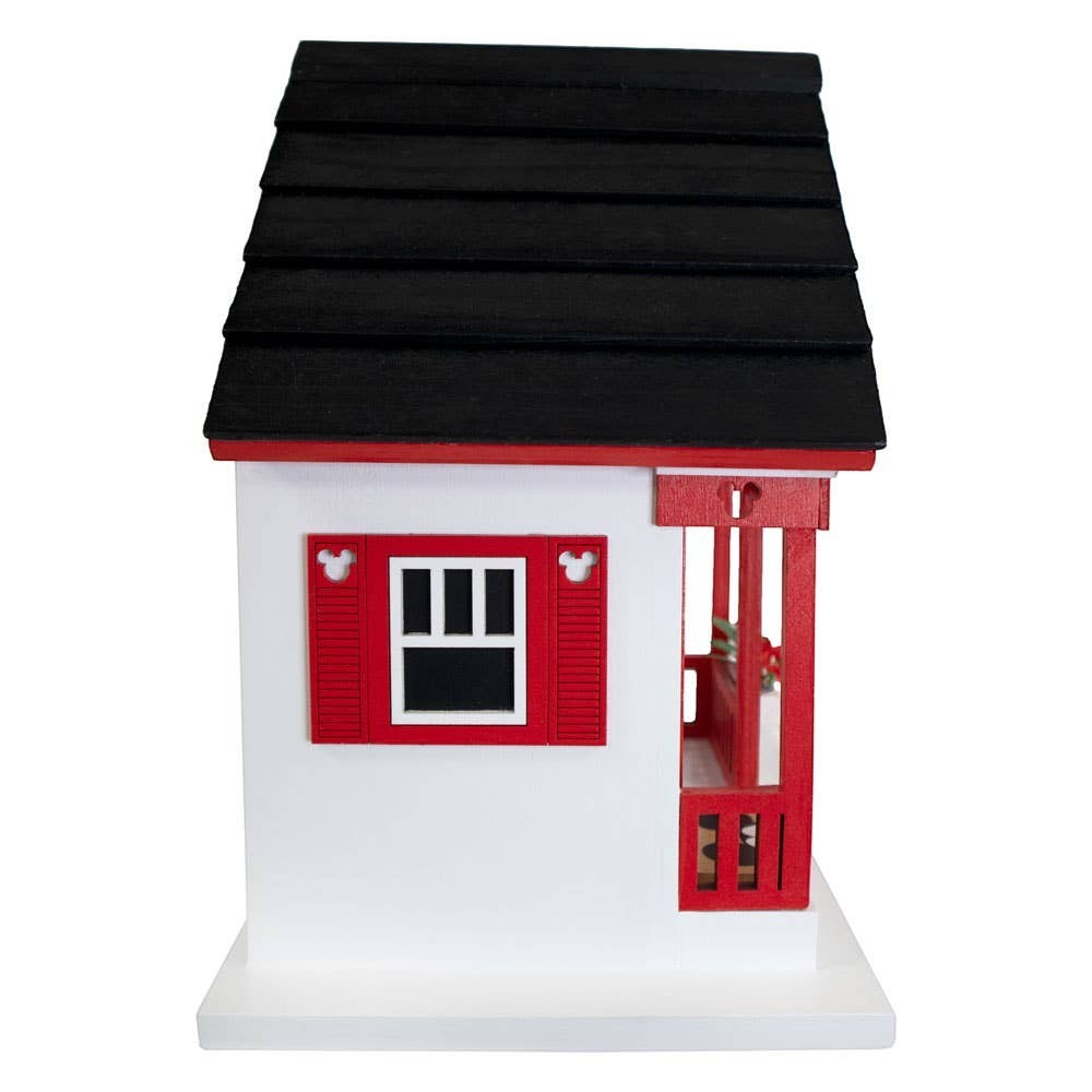 Mellow Monkey Mickey Cottage birdhouse, white with red accents and black roof. Features Mickey ears on shutters and porch.
