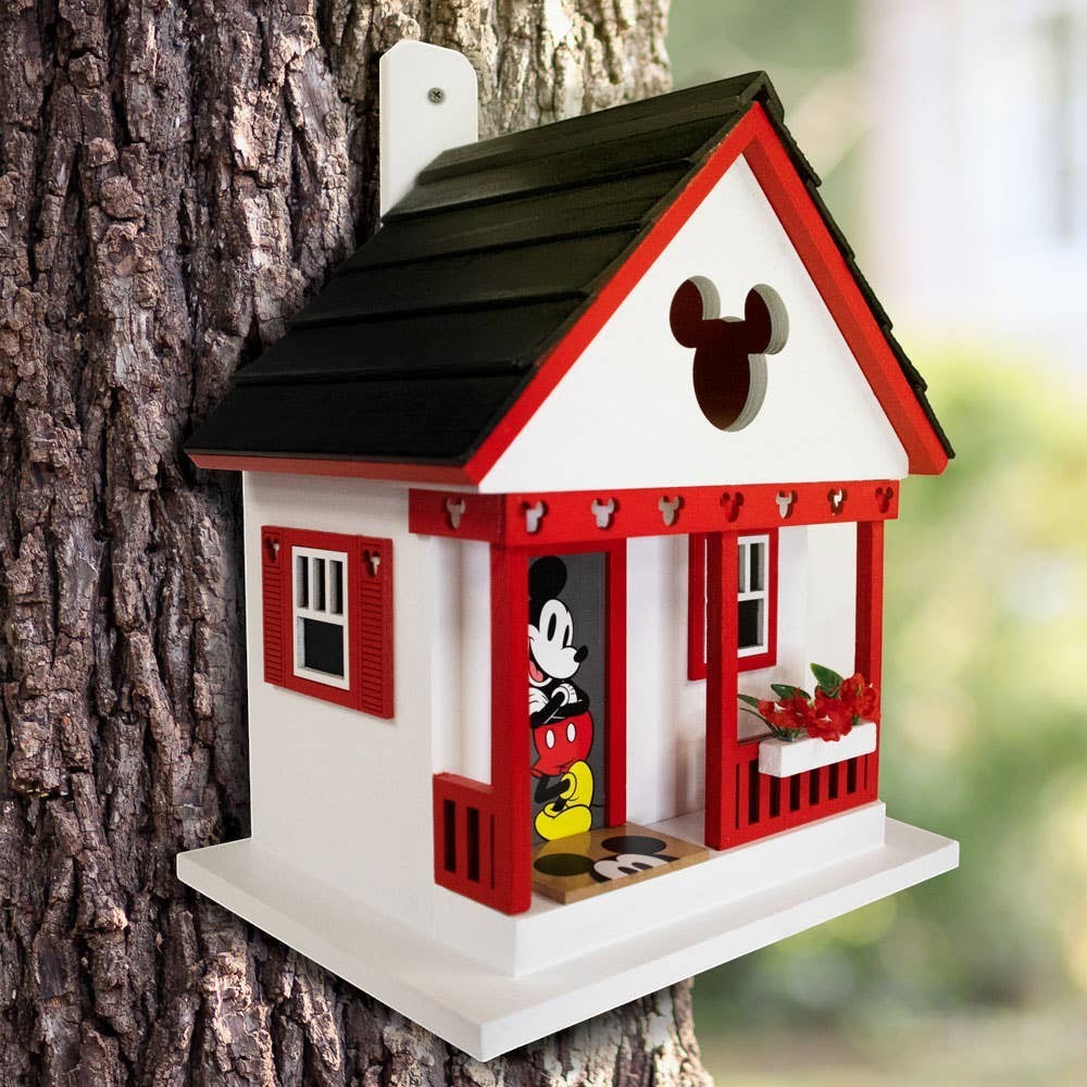 Mellow Monkey Mickey Cottage Birdhouse with Mickey Mouse graphic, red trim, white walls, and black roof. Features Mickey ears cutout.