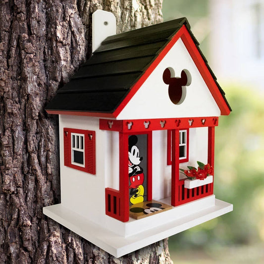 Mellow Monkey Mickey Cottage Birdhouse with Mickey Mouse graphic, red trim, white walls, and black roof. Features Mickey ears cutout.