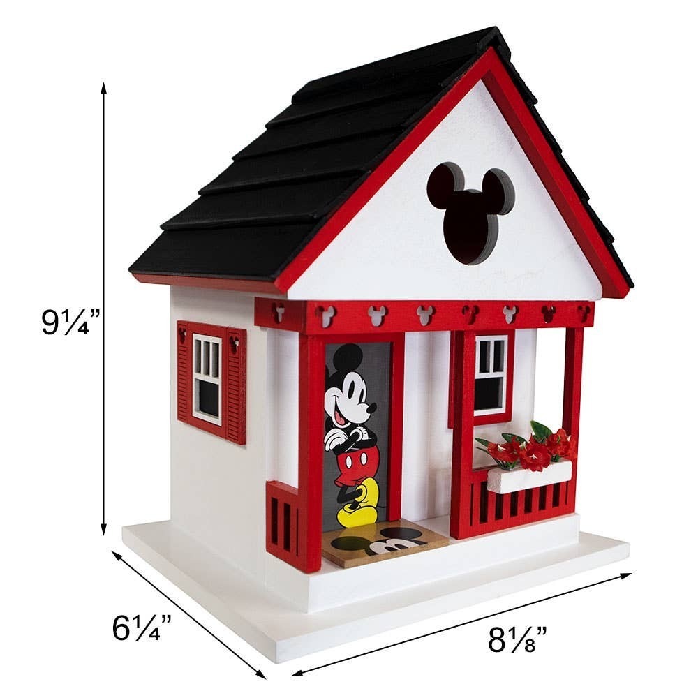 Mellow Monkey Mickey Cottage Birdhouse with Mickey Mouse graphic, red trim, and black roof. Features Mickey ears cutout.
