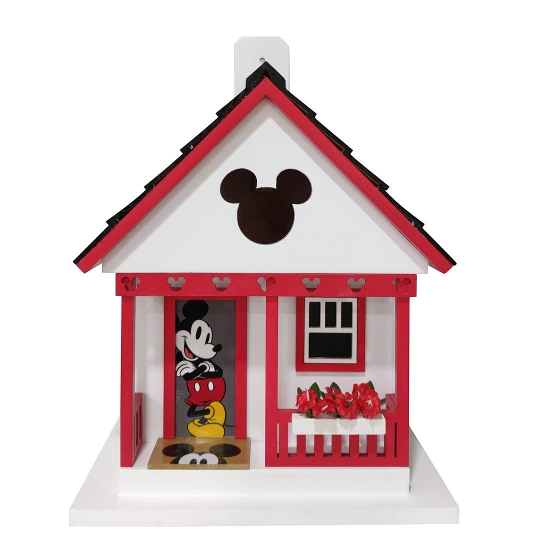 Mellow Monkey Mickey Cottage Birdhouse with Mickey Mouse graphic, red trim, and flower box. Features Mickey ears cutout.