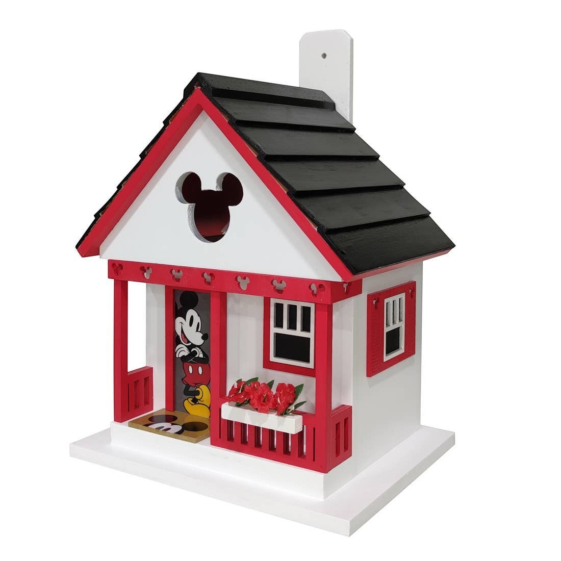 Mellow Monkey Mickey Cottage birdhouse with red trim, black roof, and Mickey Mouse cutout. Features Mickey graphic on door and flower box.