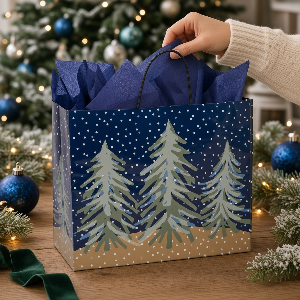 Mellow Monkey large gift bag with midnight snowfall and pine tree print, featuring blue tissue paper and handles.