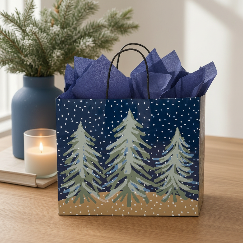 Mellow Monkey large gift bag with midnight snowfall and pine tree print, featuring dark blue tissue paper.