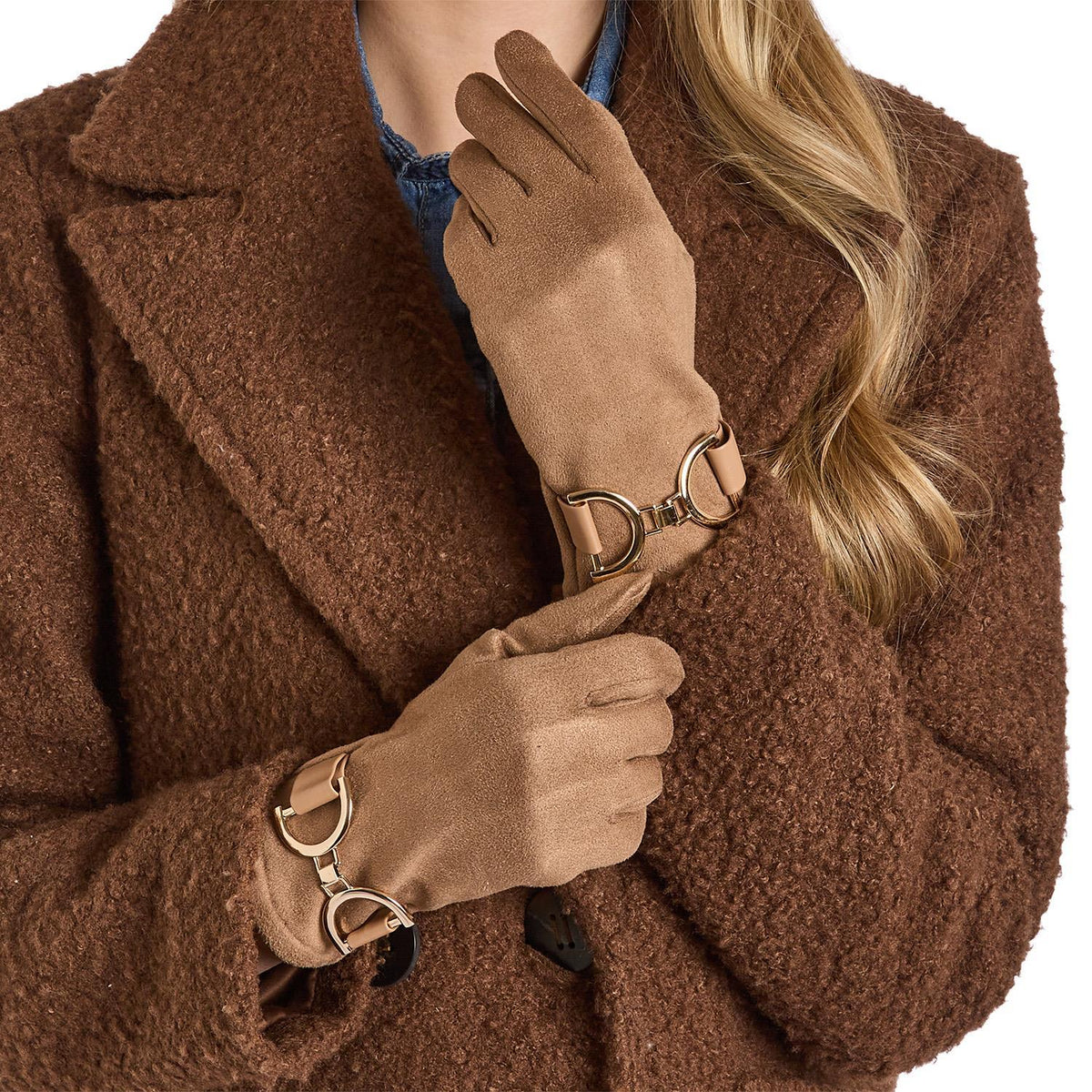 Mellow Monkey Milano oversized caramel microsuede gloves with gold-tone horsebit detail and touchscreen fingertips.