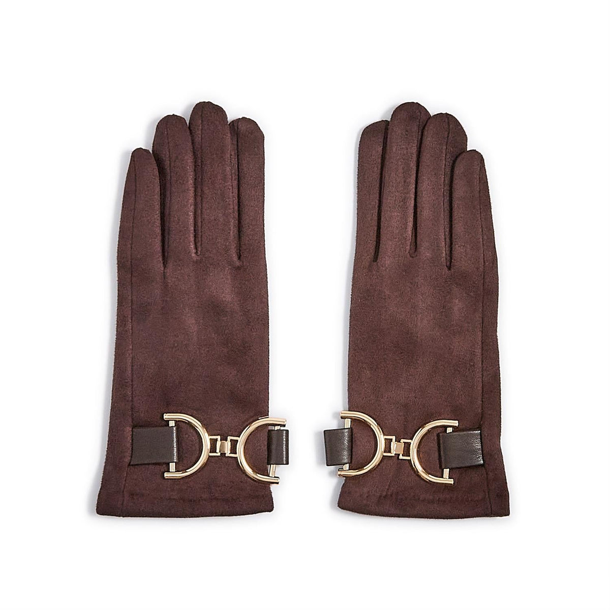 Mellow Monkey Milano dark brown microsuede gloves with gold bit hardware and touchscreen compatible fingertips