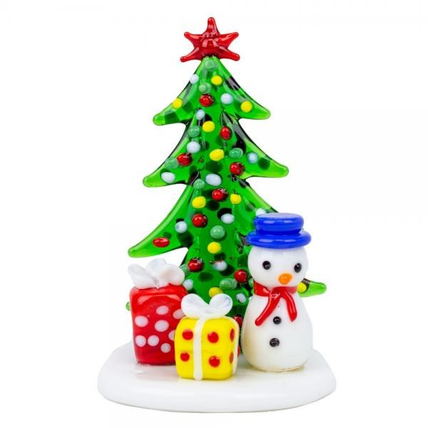 Mellow Monkey Milano art glass Christmas tree figurine with a snowman and colorful gifts on a white base