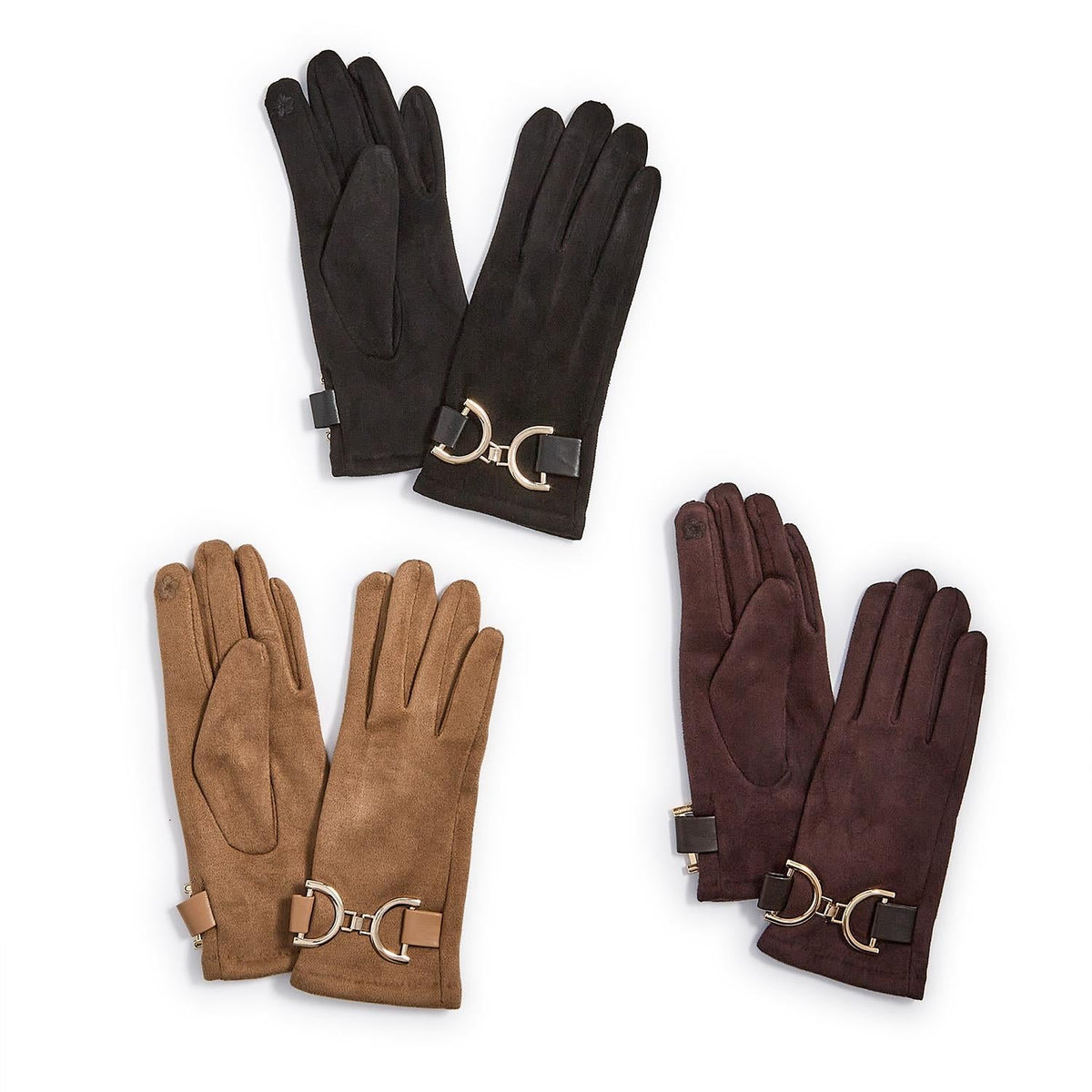 Mellow Monkey Milano oversized microsuede gloves with gold bit hardware and touchscreen fingertips in three colors