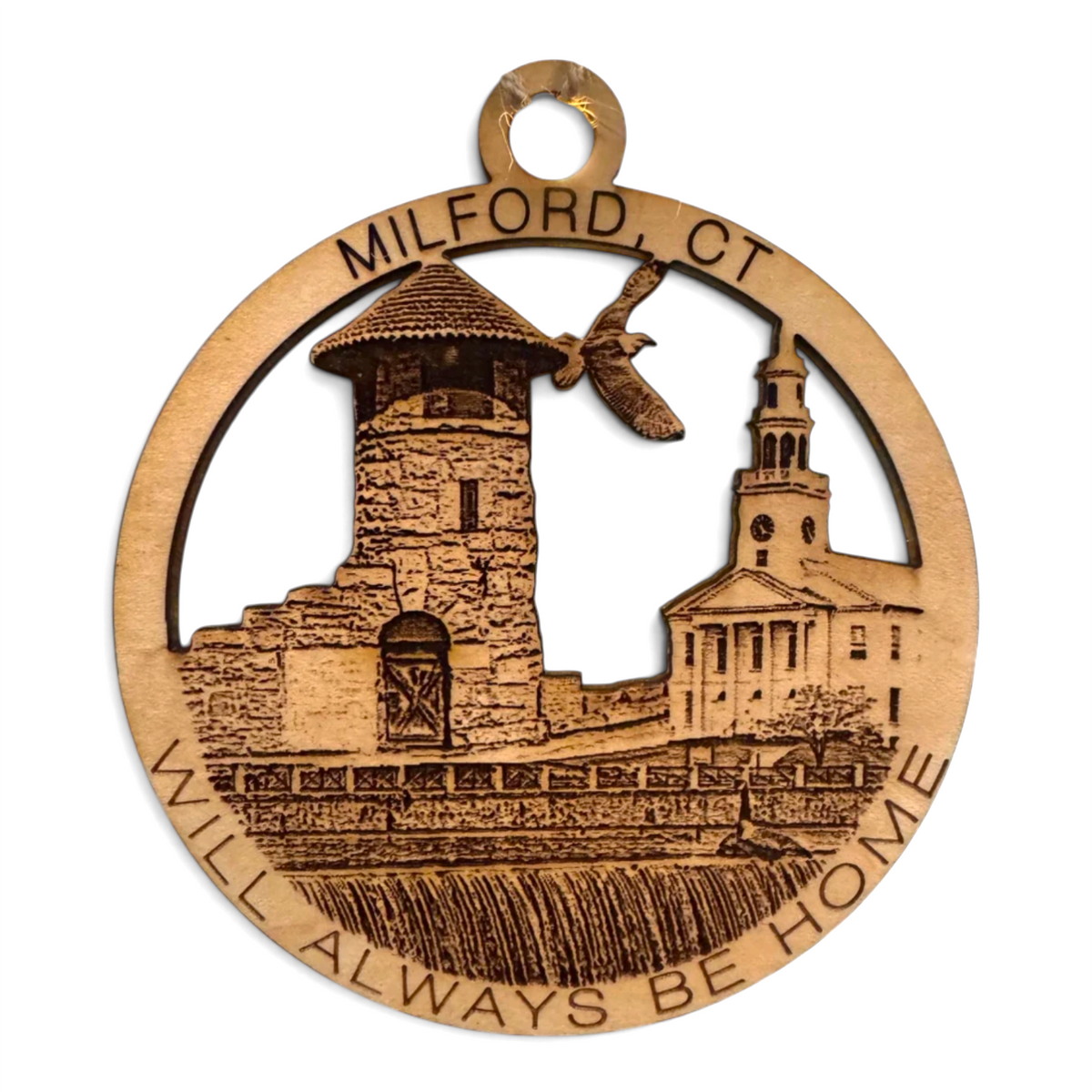 Mellow Monkey wooden ornament featuring Milford CT landmarks, including the Memorial Bridge and church steeple.