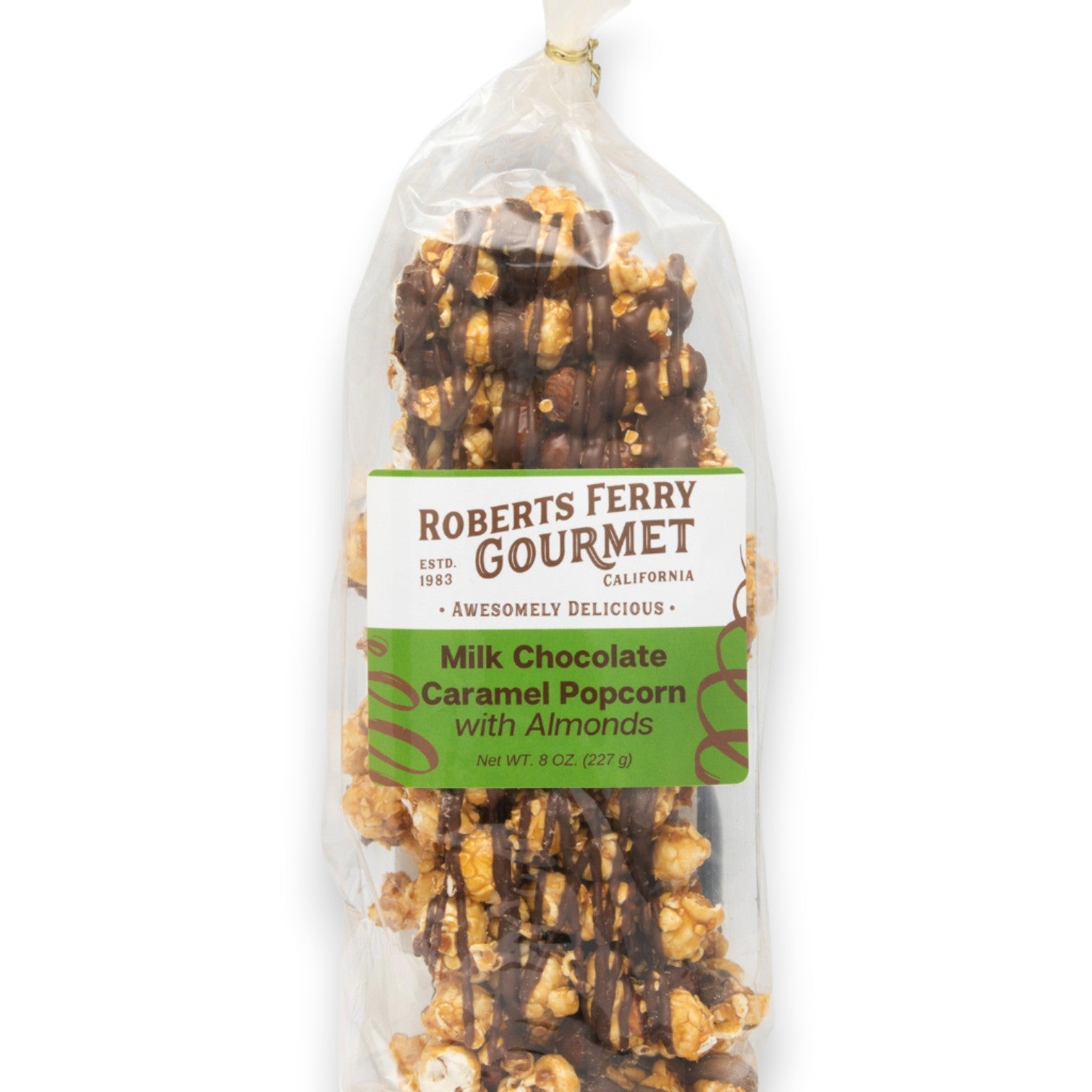 Mellow Monkey gourmet milk chocolate caramel popcorn with California almonds in a clear 8-ounce snack bag
