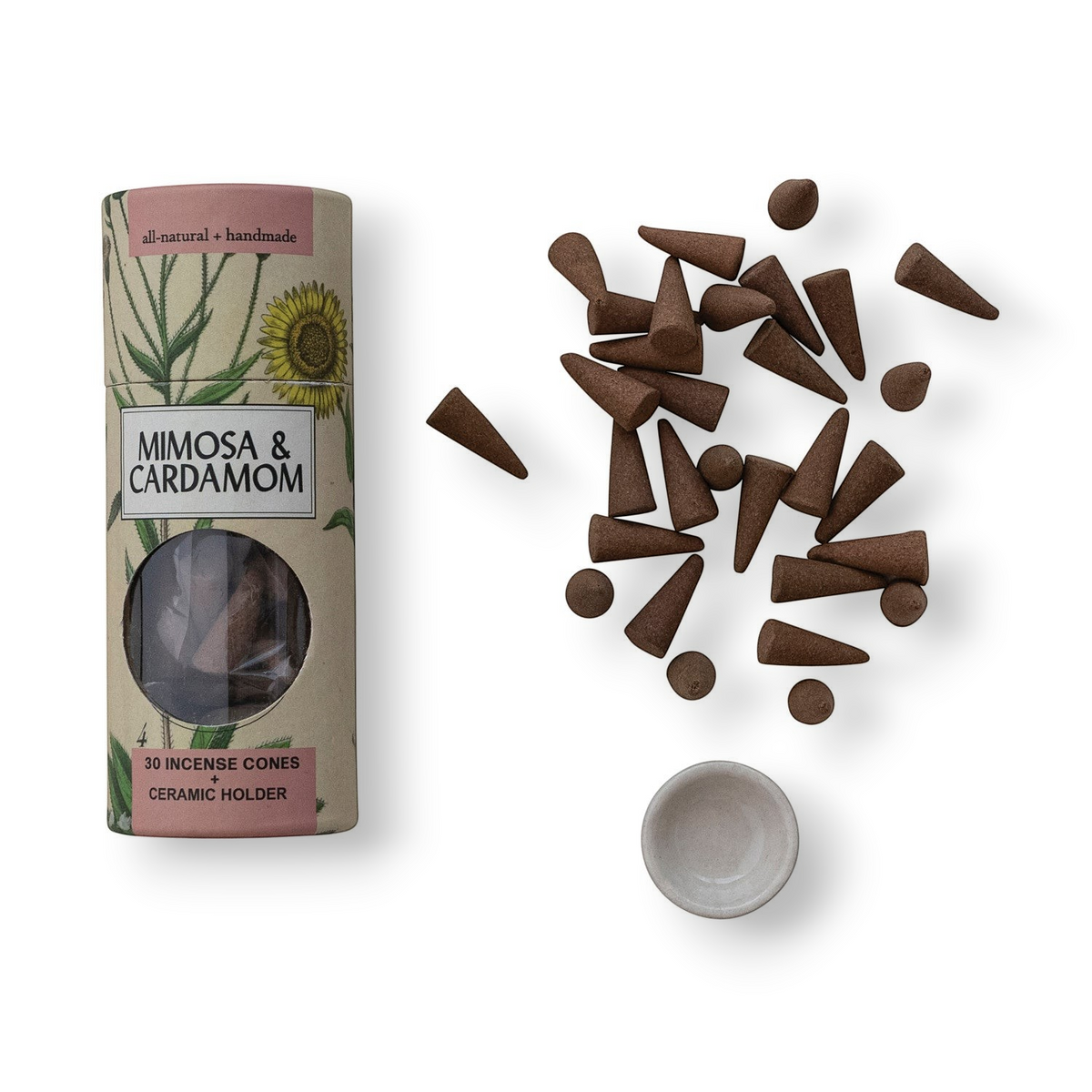 Mellow Monkey mimosa and cardamom scented incense cones with a small round ceramic holder in a floral gift tube.