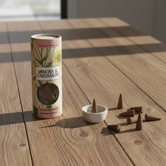 Mellow Monkey mimosa and cardamom incense cones with a small round ceramic holder on a wooden table.