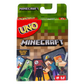 Mellow Monkey Minecraft UNO card game box featuring iconic characters and a special Creeper rule card for ages 7+