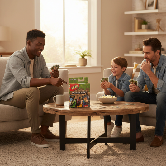 Mellow Monkey Minecraft UNO card game box on a wooden coffee table with a family playing together in a living room.