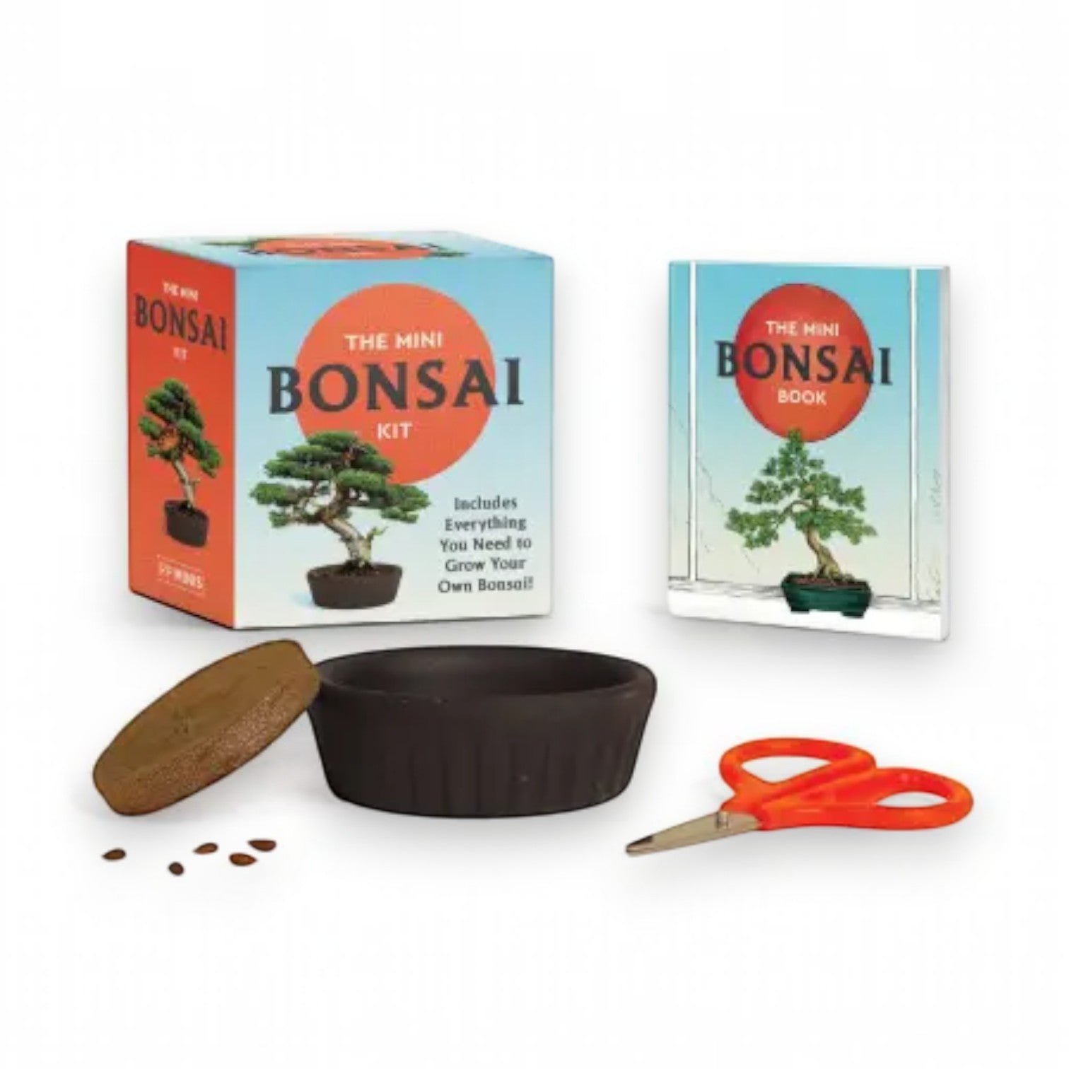 Mellow Monkey mini bonsai tree kit with pot, Jack Pine seeds, scissors, and instructional guide on white background