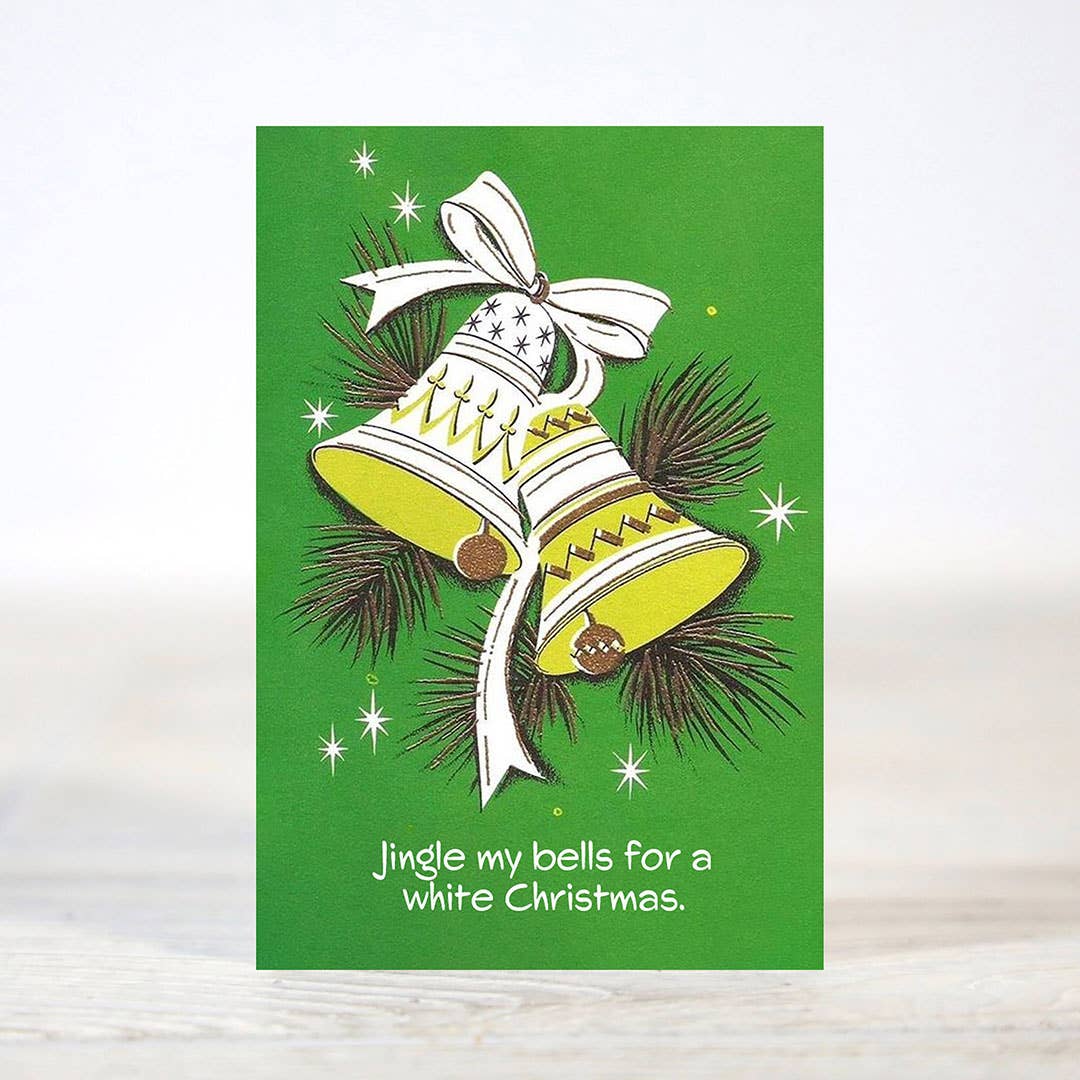 Mellow Monkey mini Christmas card featuring yellow bells, a white bow, and the text Jingle my bells for a white Christmas