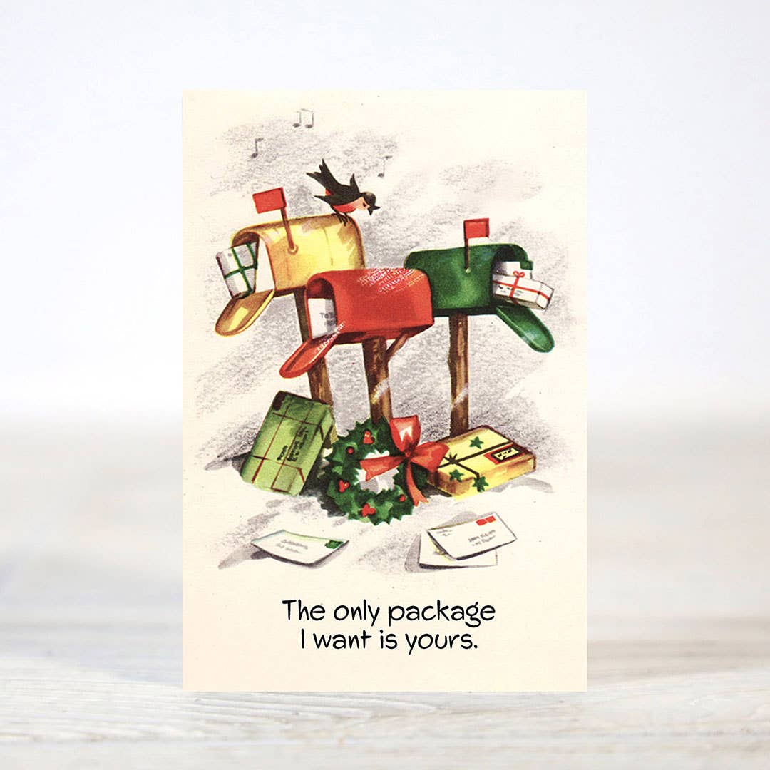 Mellow Monkey mini Christmas card featuring vintage mailbox illustration and the text The only package I want is yours
