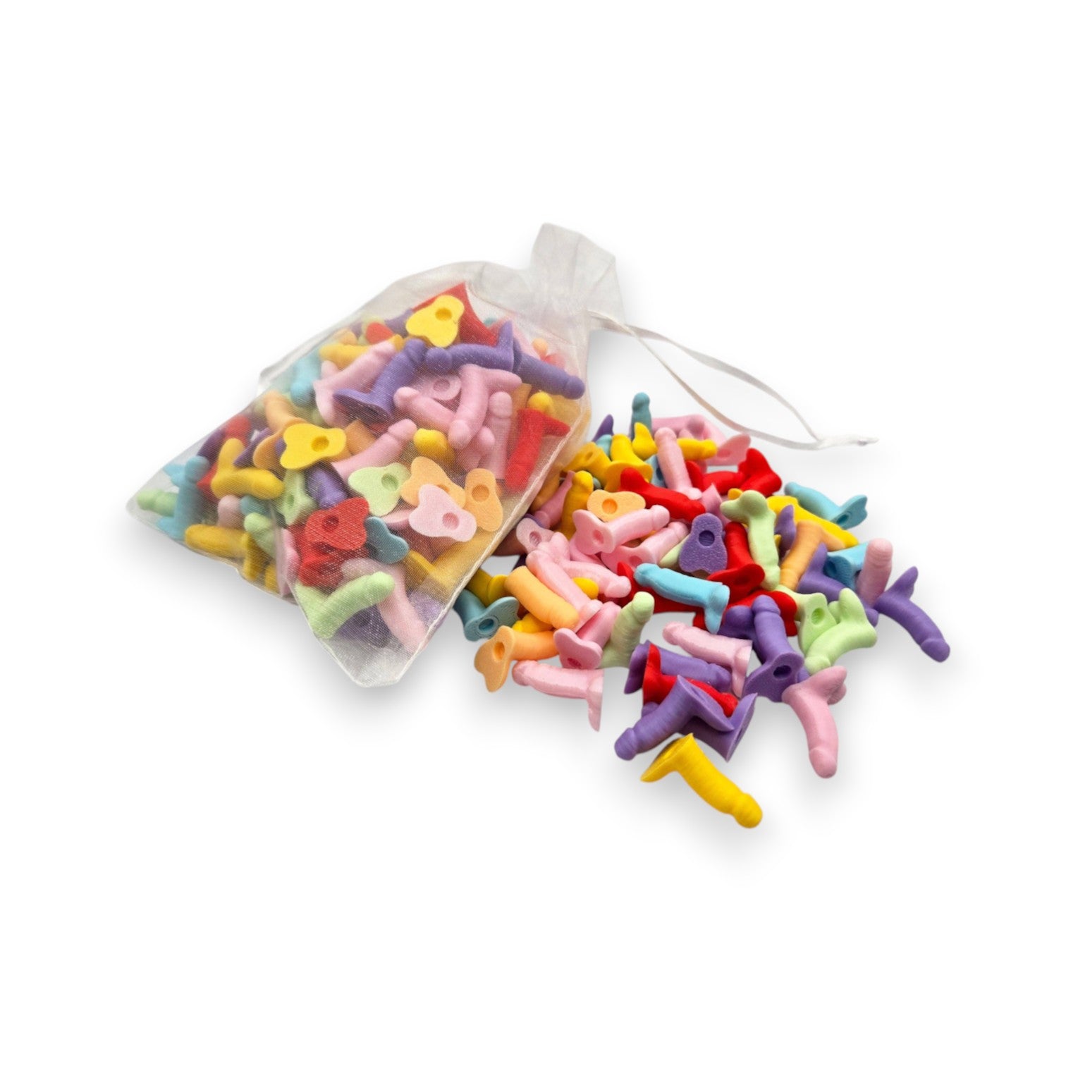 Mellow Monkey assorted colorful 3D printed novelty gag gift figurines in a sheer white drawstring bag