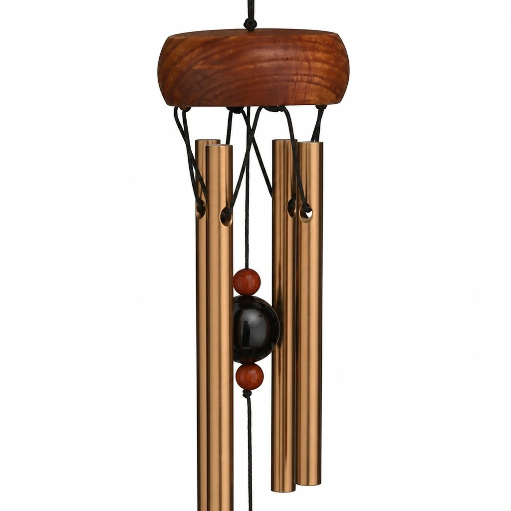 Mellow Monkey mini healing wind chime with wooden canopy, bronze aluminum tubes, and decorative coral stones.