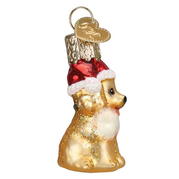 Mellow Monkey Mini Jolly Pup glass ornament with red Santa hat and glitter accents. A festive holiday decoration.