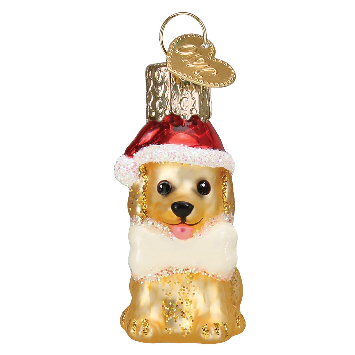 Mellow Monkey Mini Jolly Pup glass ornament wearing a Santa hat and holding a bone. Features glitter accents.