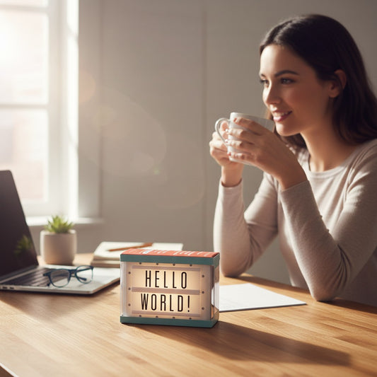 Mellow Monkey Itty-Bitty light up marquee sign displaying HELLO WORLD on a desk next to a woman drinking coffee.