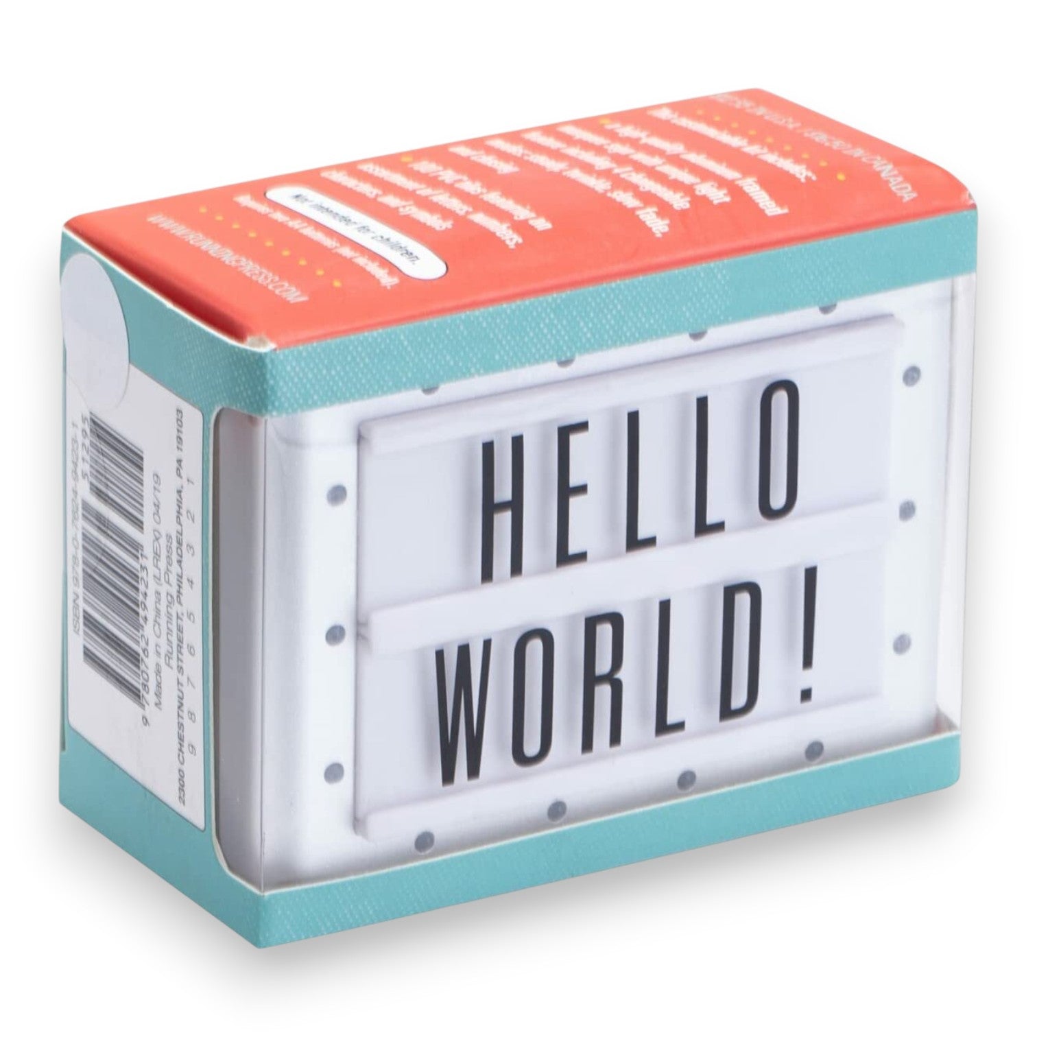 Mellow Monkey Itty-Bitty Light Up Marquee mini sign with Hello World text in a teal and white box