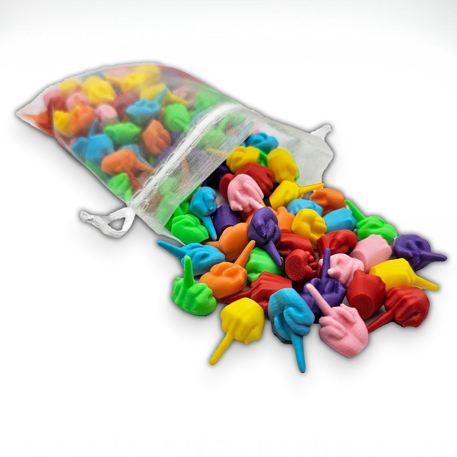 Mellow Monkey assorted color 3D printed PLA mini middle finger hand figurines spilling out of a mesh drawstring bag.