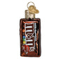 Mellow Monkey Mini M&M'S milk chocolate blown glass holiday ornament with a gold heart charm.