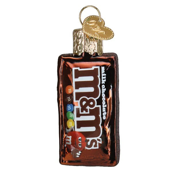 Mellow Monkey Mini M&M'S milk chocolate blown glass holiday ornament with a gold heart charm.