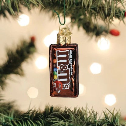 Mellow Monkey Mini M&M'S milk chocolate blown glass holiday ornament, 2.25" x 1" x 0.75"