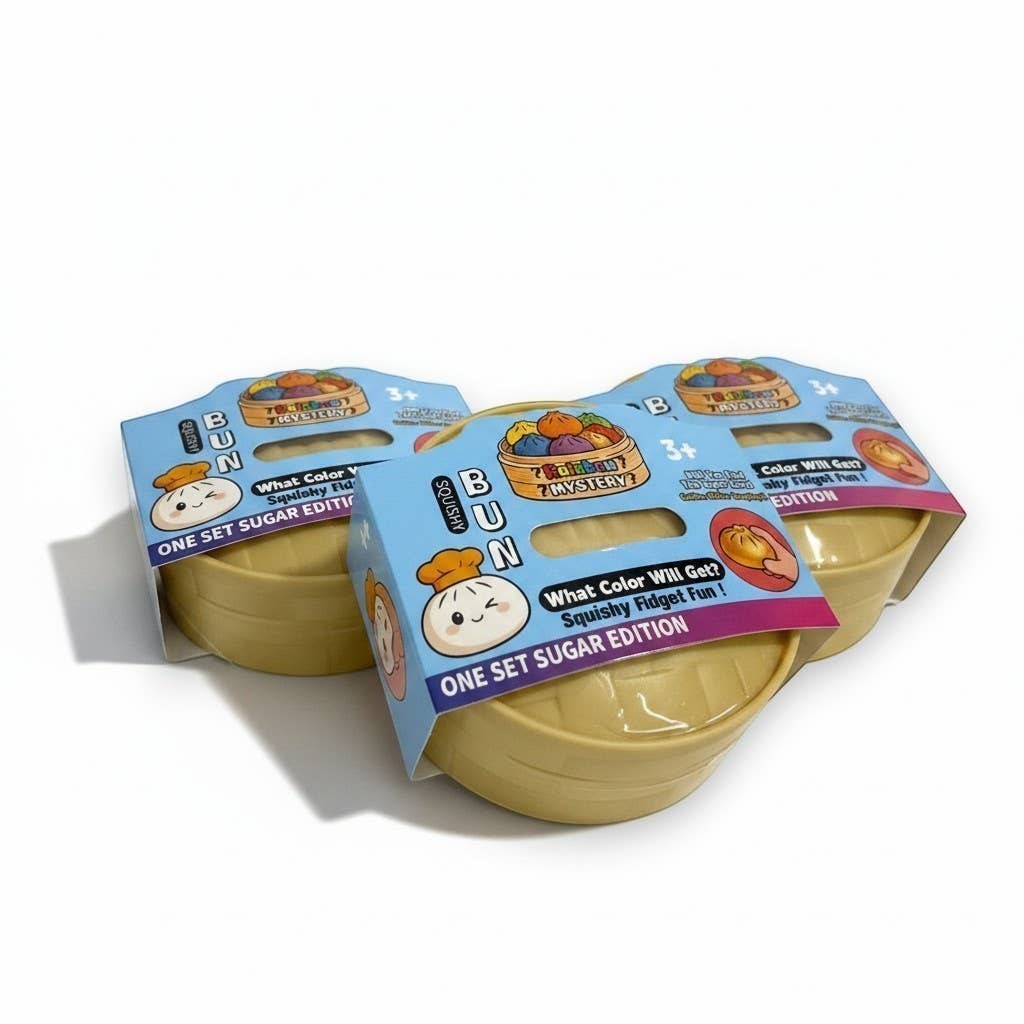 Mellow Monkey Mini Mystery Dumpling squishy toy in a bamboo steamer style container, Sugar Edition fidget fun.