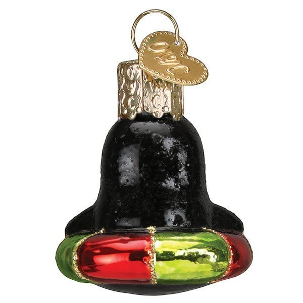 Mellow Monkey Mini Penguin Old World Christmas blown glass ornament, black with red and green striped base.