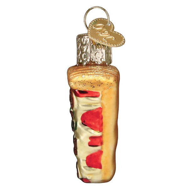 Mellow Monkey Mini Pizza Slice Old World Christmas glass ornament with red toppings and glitter. 2" tall.