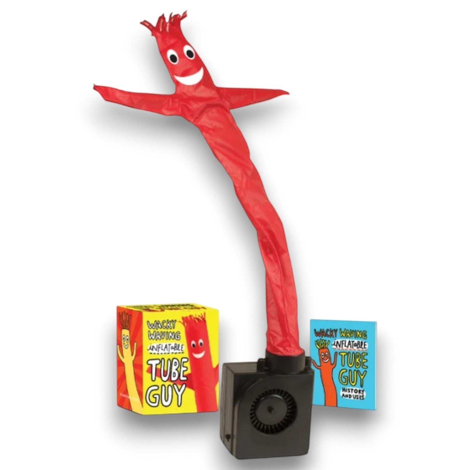 Mellow Monkey miniature red Wacky Waving Inflatable Tube Guy with black fan base and included mini history book