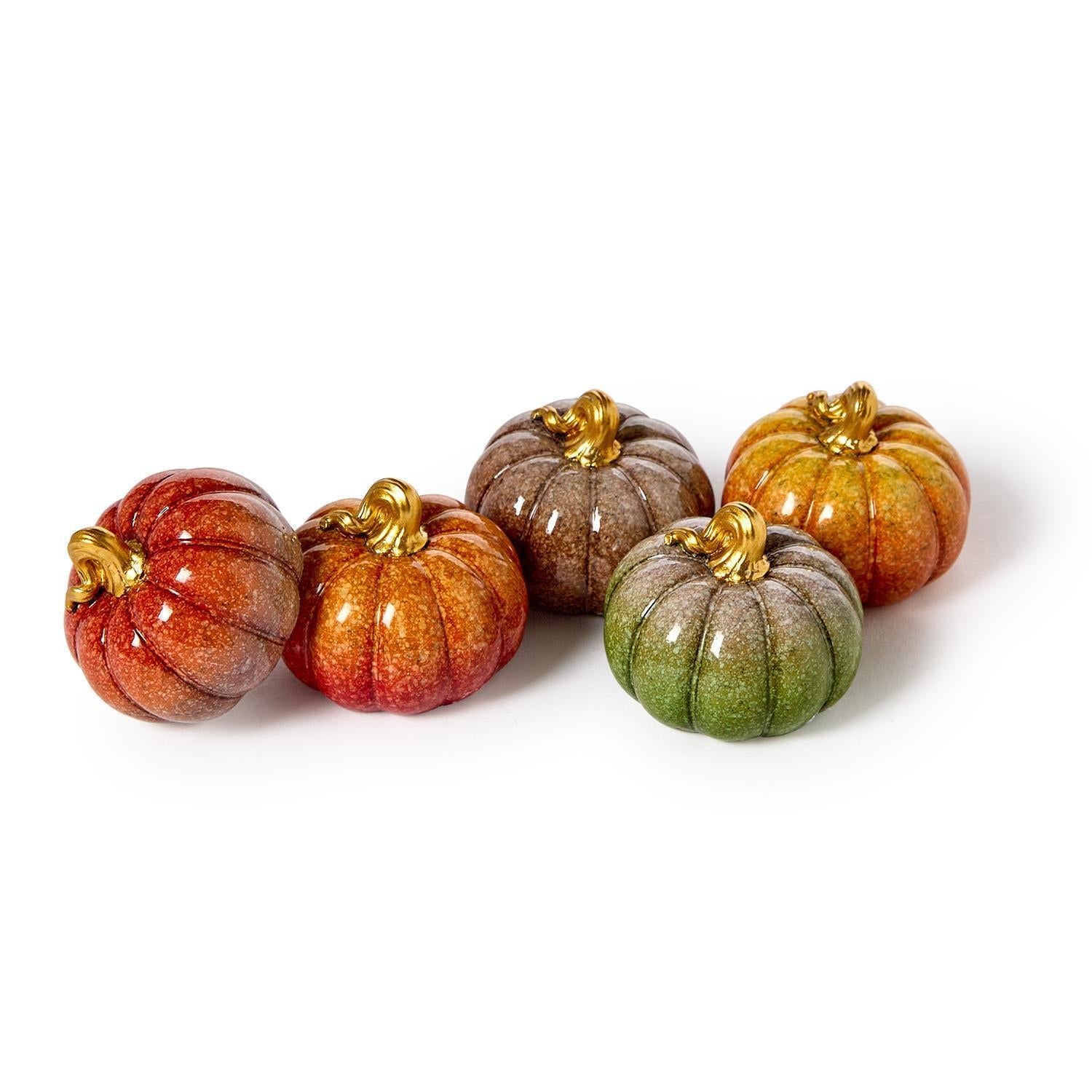 Mellow Monkey set of five hand-painted glossy resin mini pumpkins in assorted autumn colors with gold stems