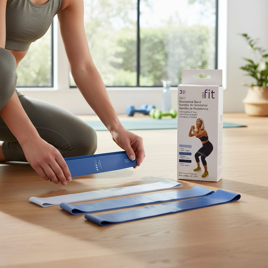 Mellow Monkey 3pk Mini Resistance Bands in blue and white, used for strength training and physical therapy.