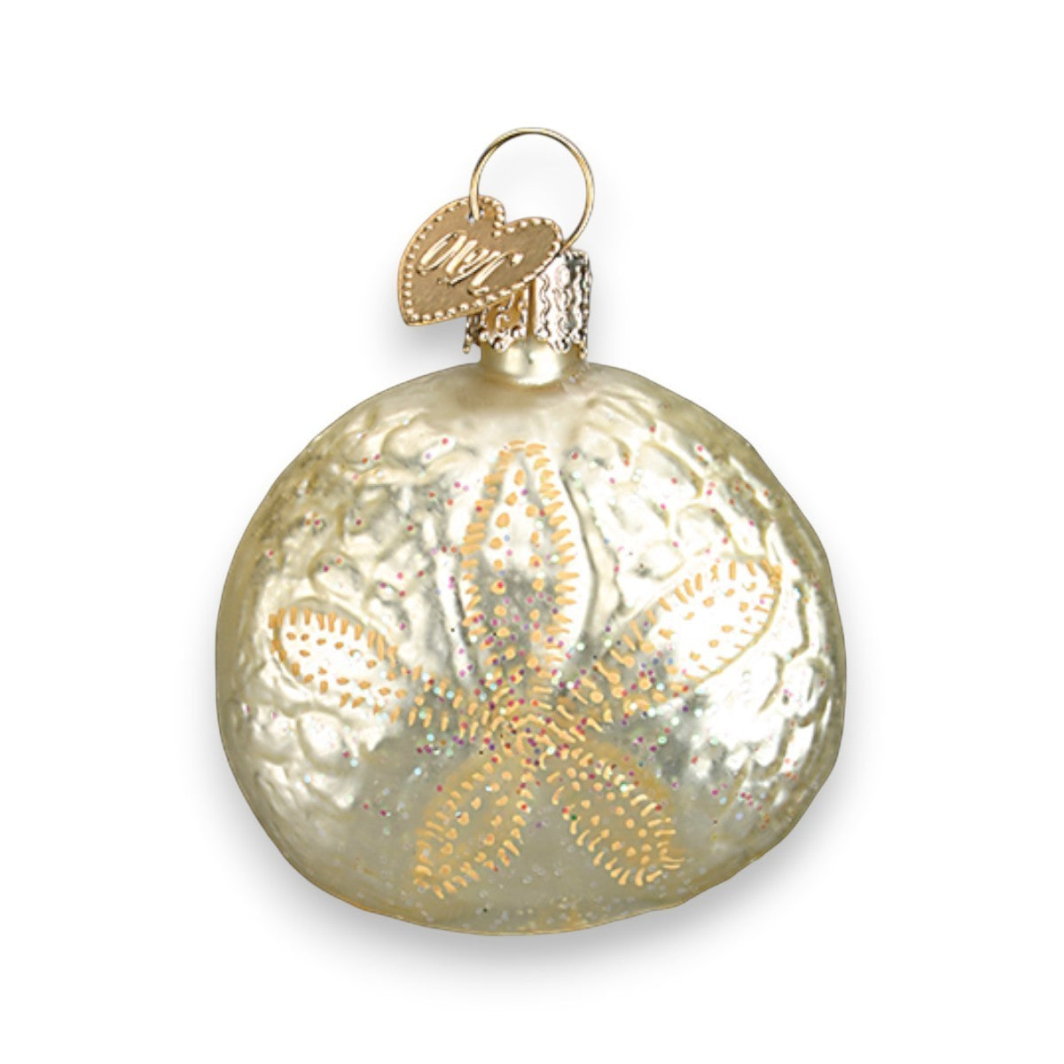 Mellow Monkey Mini Sea Shell Old World Christmas blown glass ornament with gold sand dollar design and glitter accents.
