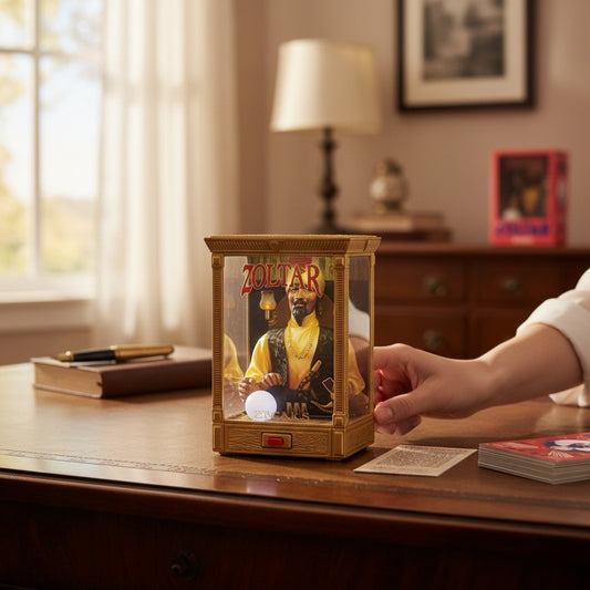 Mellow Monkey mini Zoltar fortune telling booth figurine with light-up crystal ball and fortune cards on a desk