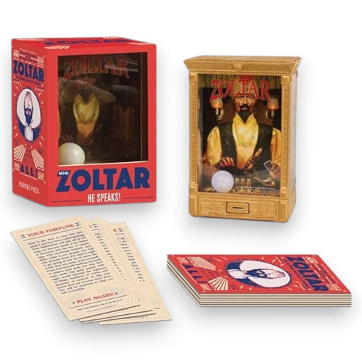 Mellow Monkey Mini Zoltar fortune telling booth figurine with light-up crystal ball, packaging box, and fortune cards.